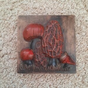 Vintage 70s MCM hand painted ceramic morel mushrooms wall art hanging plaque